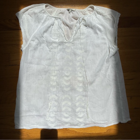 Madewell Cream Geometric Embroidered Short Sleeve Blouse With Tie Tassels Small - Picture 2 of 7